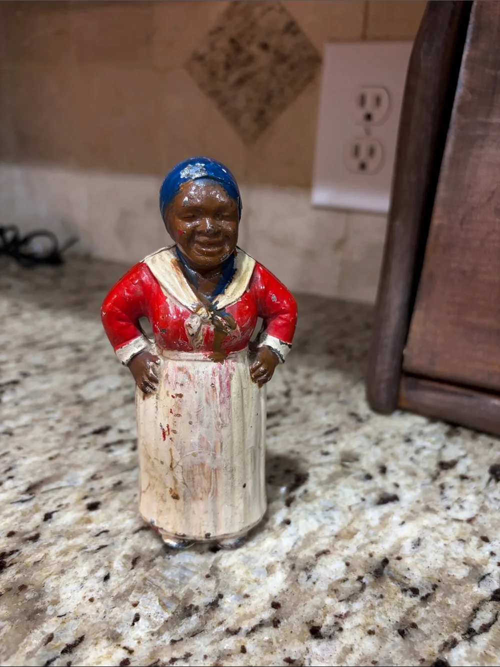 Vintage Cast Iron Figural Mammy Bank in Red, Cream & Blue